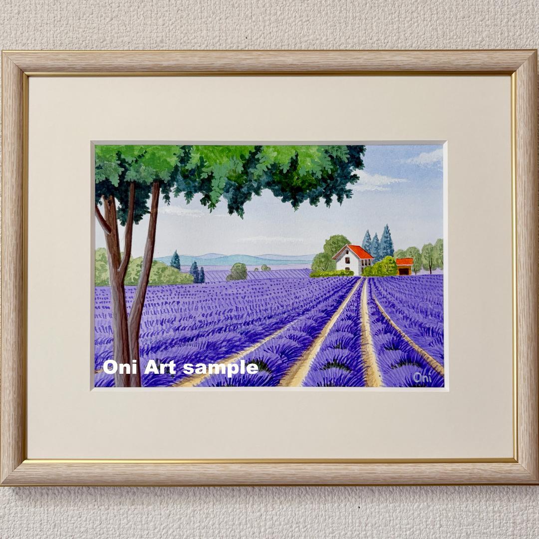 アクリル画　原画　「ラベンダー畑12」額縁付　SMサイズ　風景画