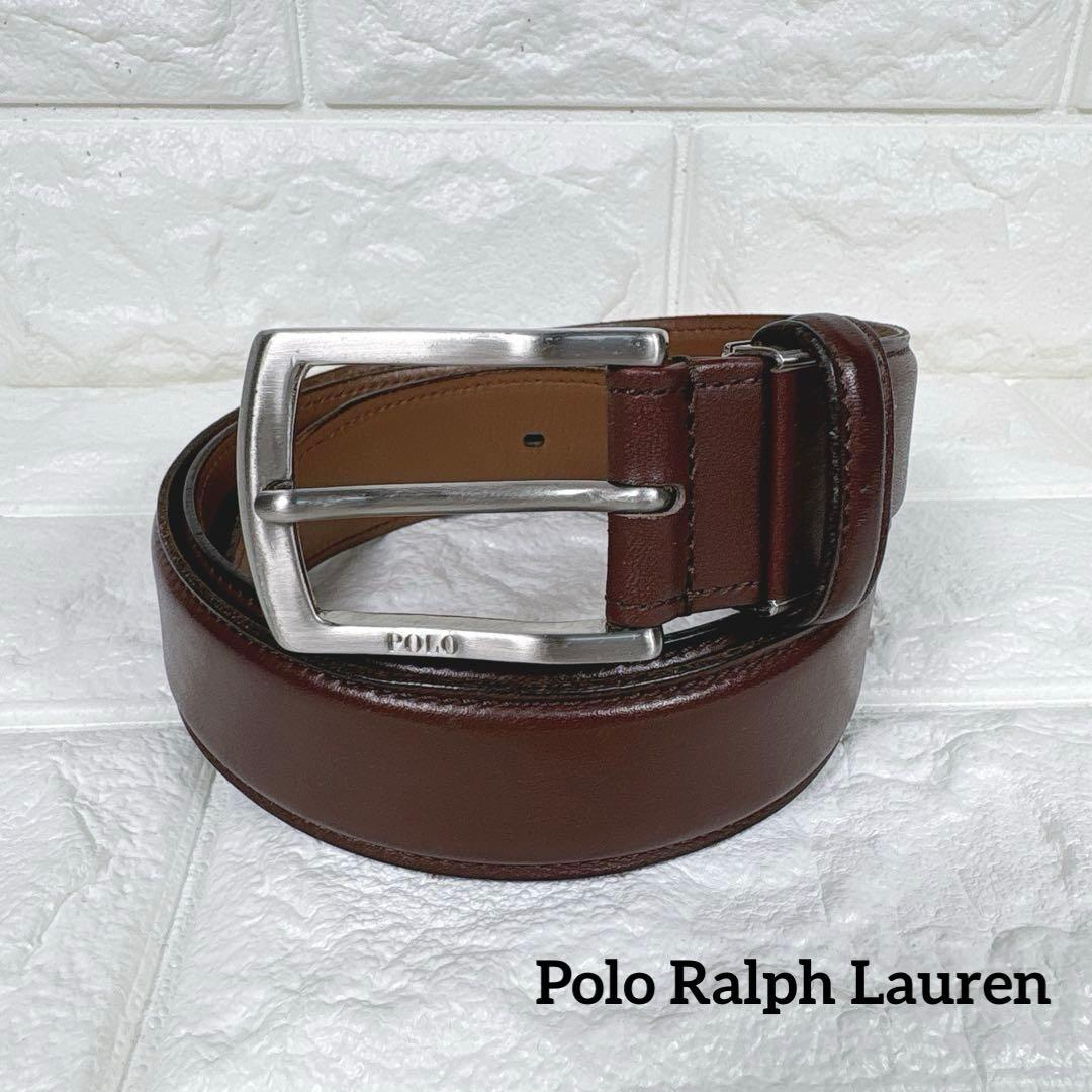 美品】ポロ ラルフローレン レザーベルト 茶 シルバーバックル ロゴ