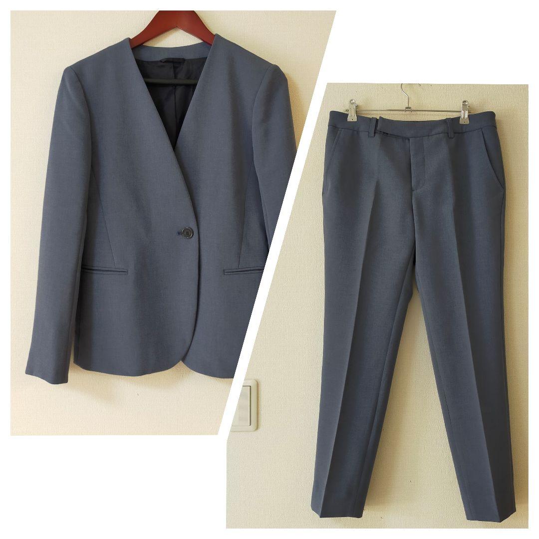 美品　40　ユニバーサルランゲージ　ノーカラー　パンツスーツ　ウォッシャブル