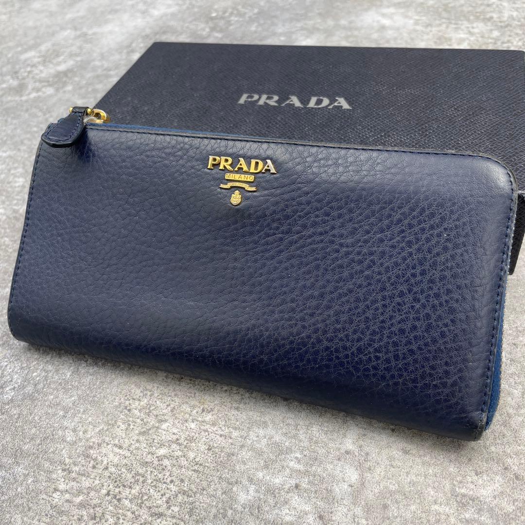 美品】PRADA プラダ 長財布 ネイビー レザー ラウンドファスナー