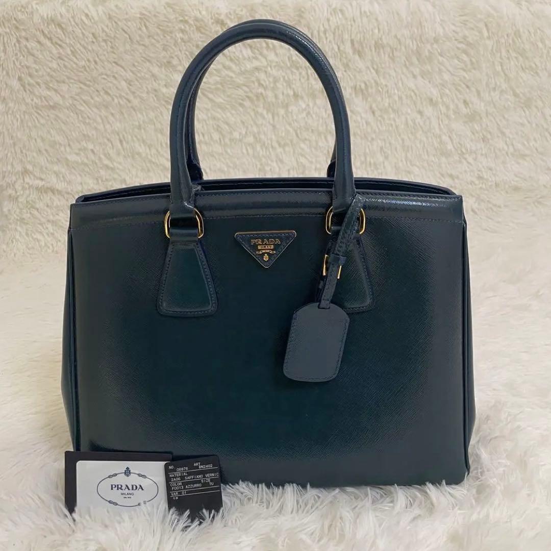 極美品 PRADA ガレリア サフィアーノ ハンドバッグ ブルー 三角ロゴ