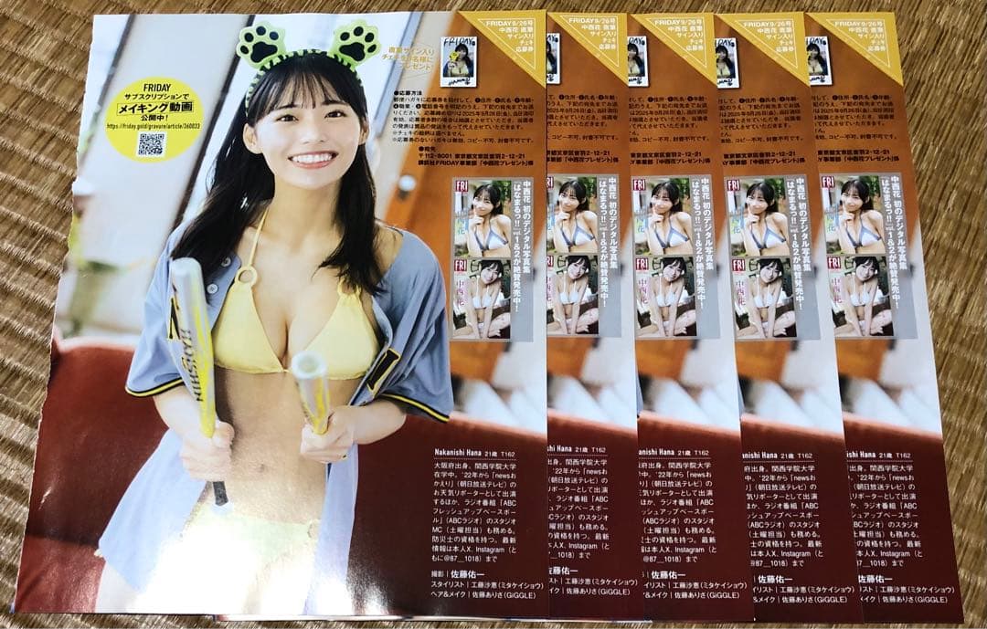 FRIDAY フライデー☆抽プレ懸賞応募券5枚☆中西花☆直筆サイン入り