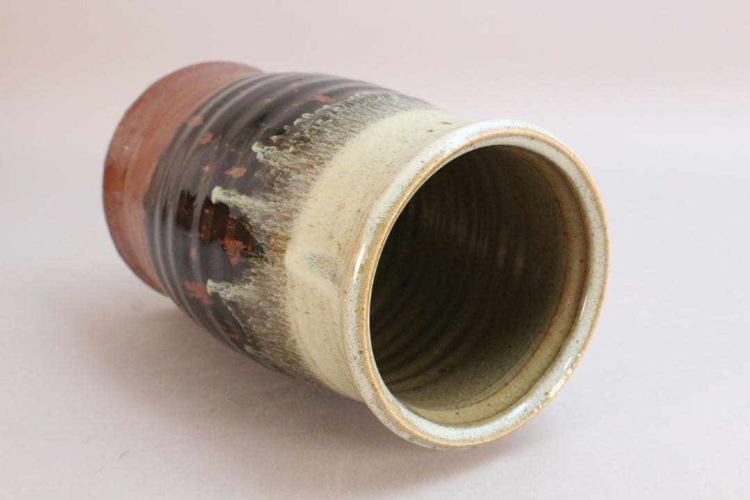 4438 益子窯 木村一郎 造 三彩壷 高さ19.7cm 陶印有