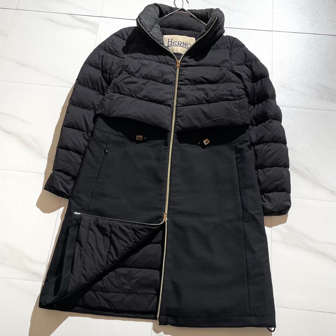 ヘルノ　HERNO　異素材切替え　ダウンコート　ウール　ロング丈　ブラック 黒