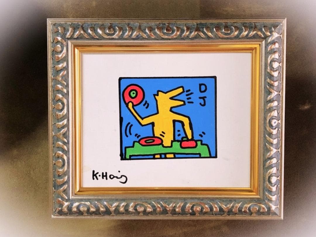 【 キース・へリング『ＤＪ』】　肉筆油彩　キャンバスF3　額装