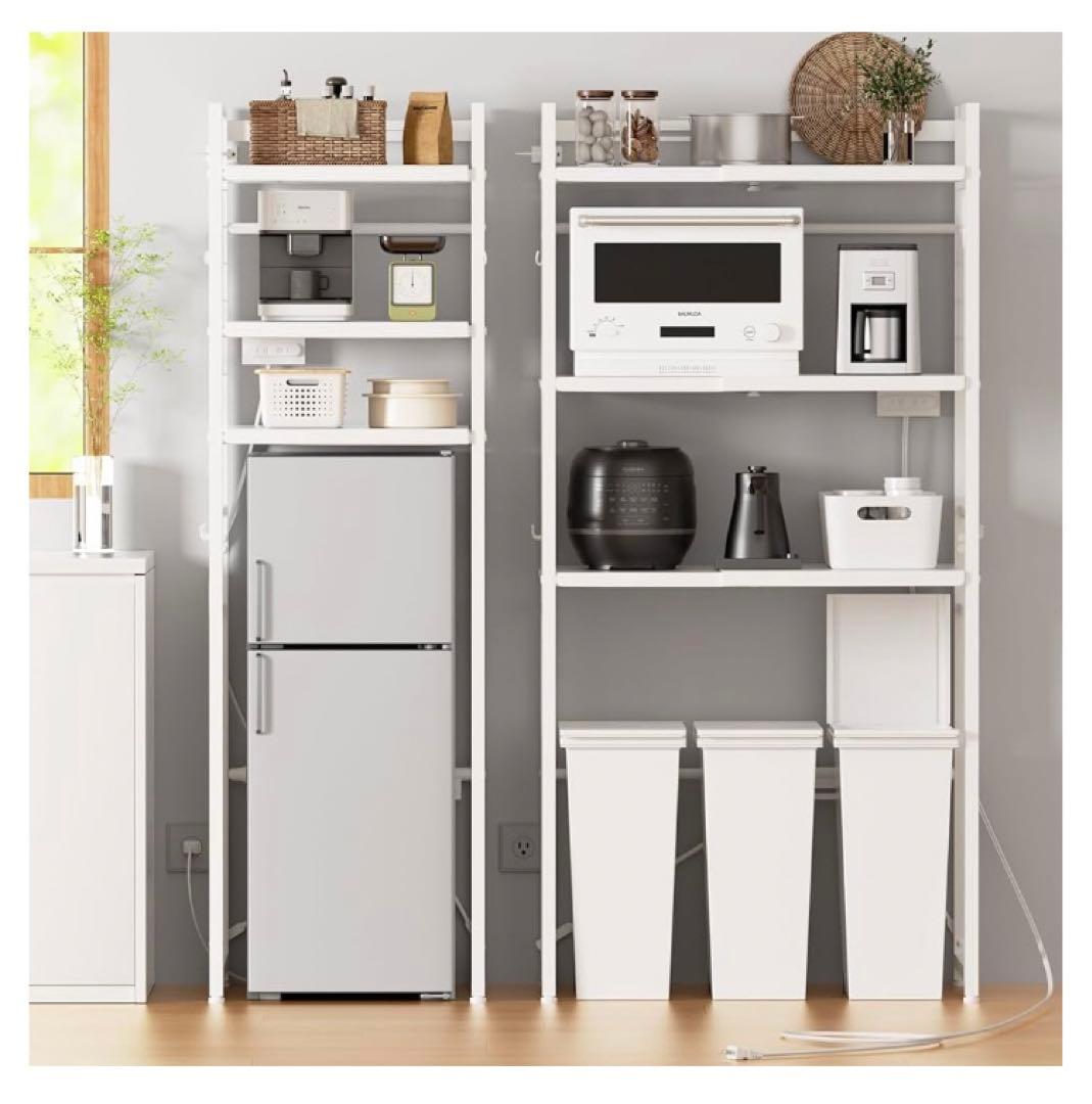 【幅伸縮・2口コンセント・高さ調整】レンジラック ゴミ箱上ラック