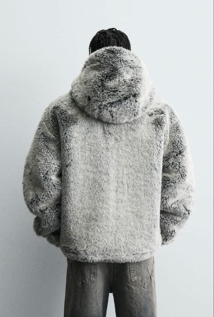 新品未使用】ZARA フェイクファーフード付きジャケット L グレー