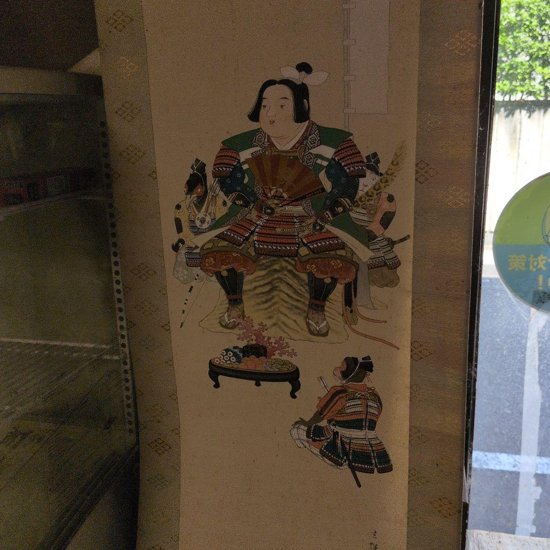 桃太郎肉筆日本画 武士 手描き アート 掛軸　時代物桐箱付