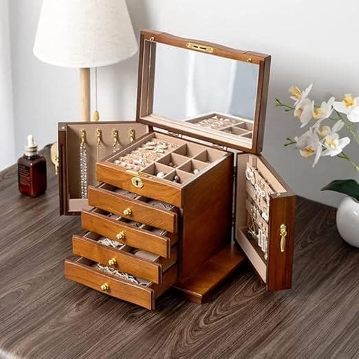 木製アクセサリーケース　ジュエリーボックス ミラー付き 木製 内側に化粧鏡付きアクセサリーボックス 大容量スペース 豪華で