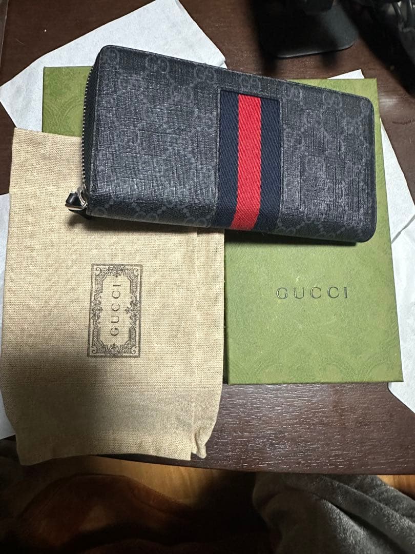 GUCCI 長財布 ダークグレー ストライプ グッチ GUCCI 長財布 ラウンドファスナー レディース プチ マーモント