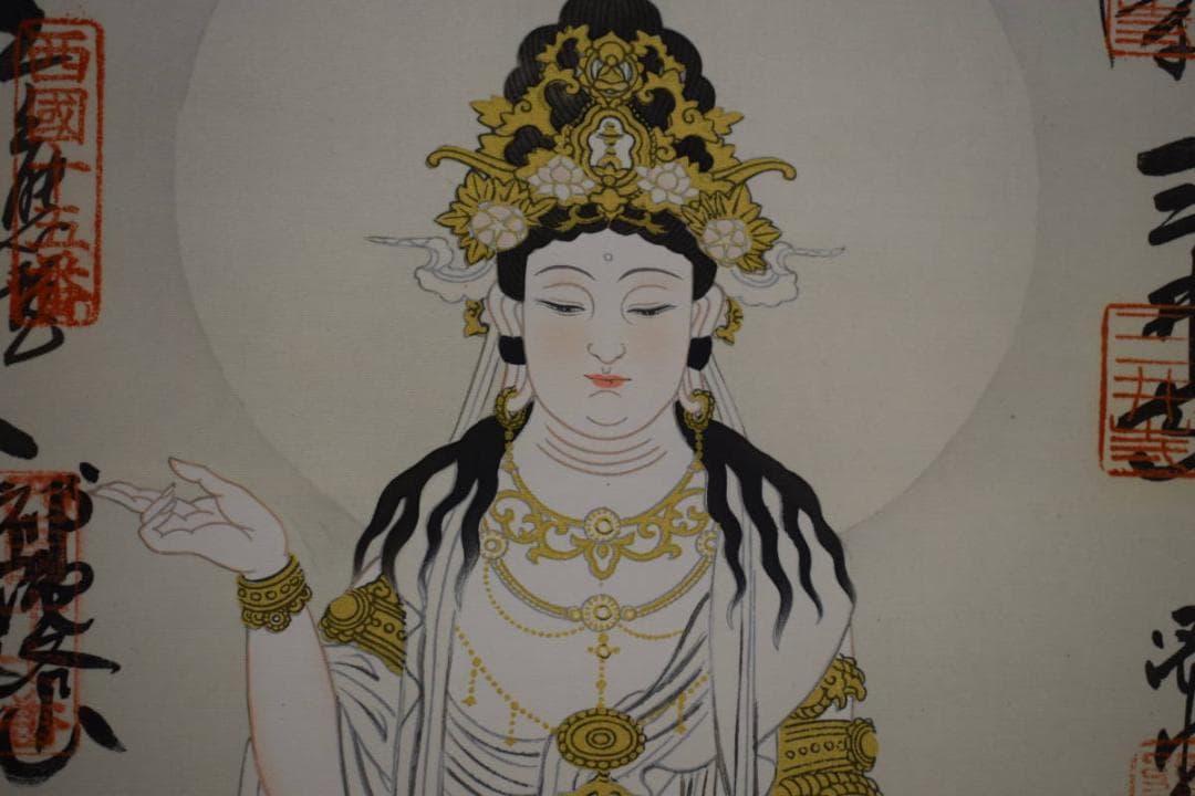 真作/西国三十三所霊場集印肉筆/西国三十三ヶ所/観音像図/布袋屋掛軸HJ-602