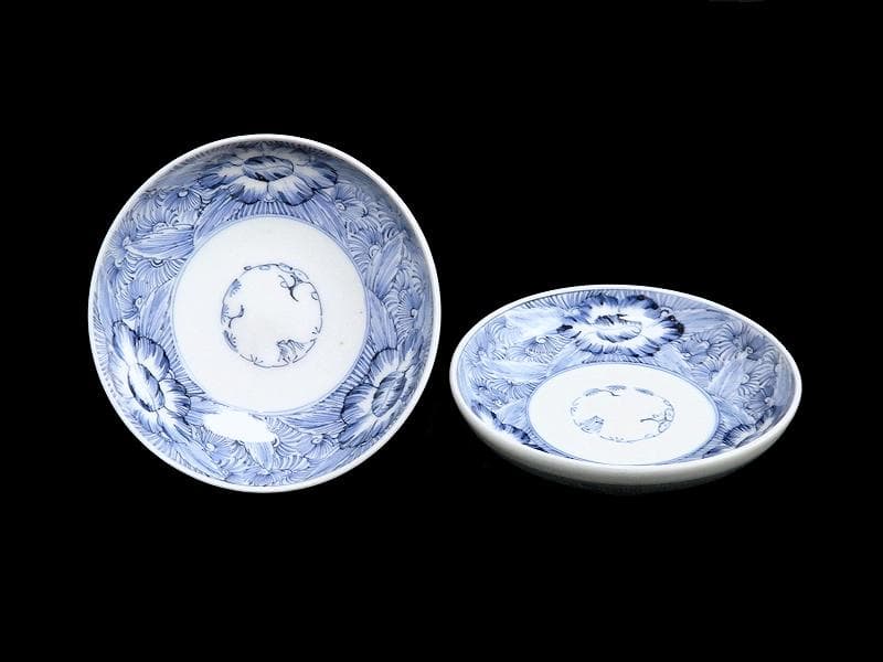 古伊万里　染付　線描き　草花紋の図　３寸半　手塩皿　２枚　E770AS-fbre