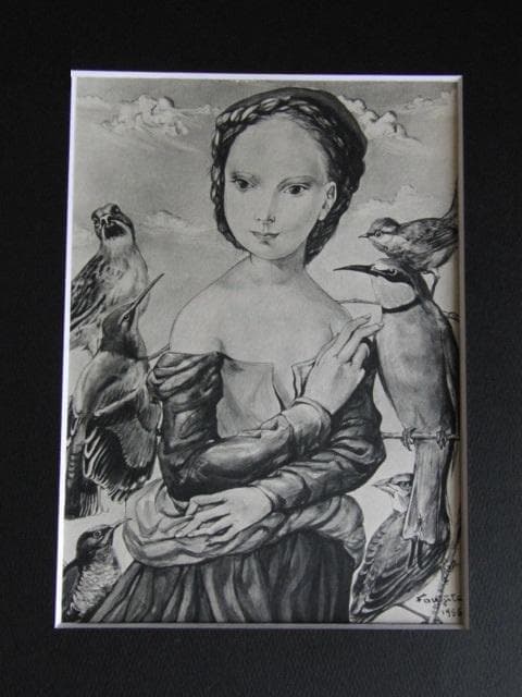 藤田嗣治、【鳥と少女 】、希少な限定額装用画集画、新品高級額 額装付