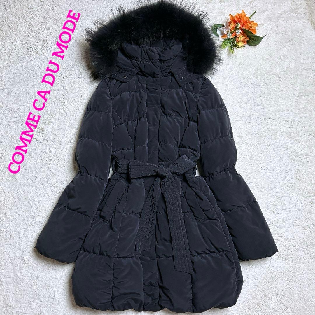 美品/コムサデモード　ファー付きダウンコート　ベルト　美ライン　墨黒　11号 美品/コムサデモード ファー付きダウンコート ベルト 美ライン 墨黒 11