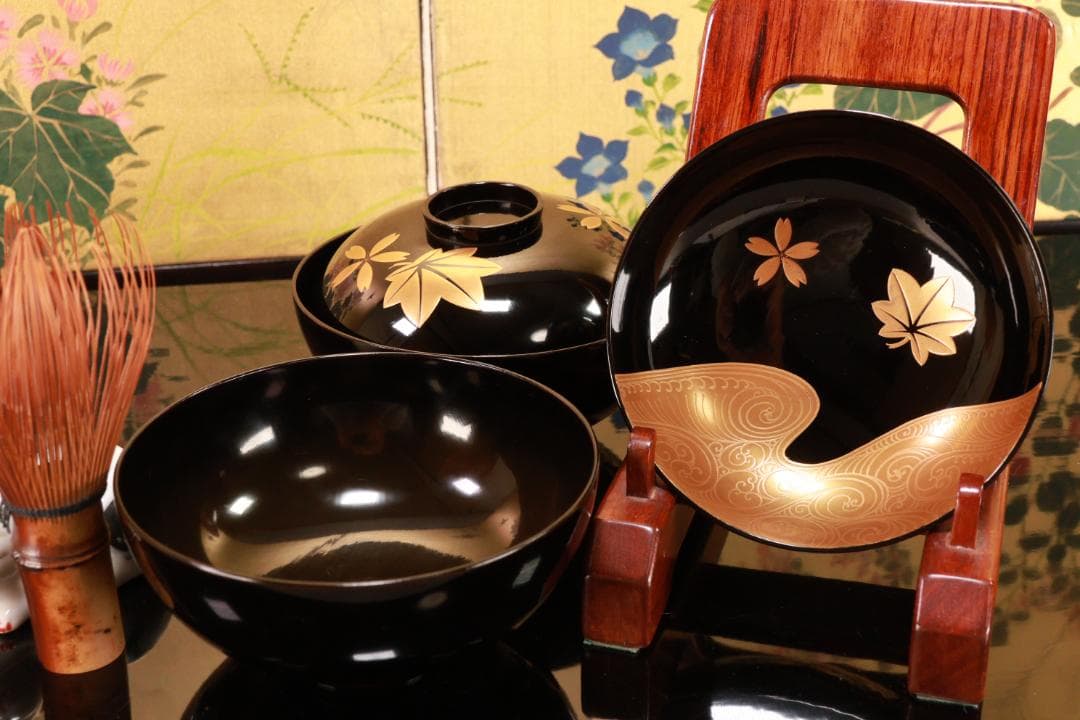 BJ111 時代輪島塗 流水紅葉桜図蒔絵 吸物椀 二客 木製 茶道具 懐石 会席