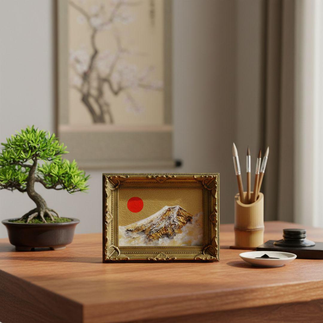 油絵 ミニ絵画【黄金富士】額縁・ラッピング付 開運 富士山 原画 風水