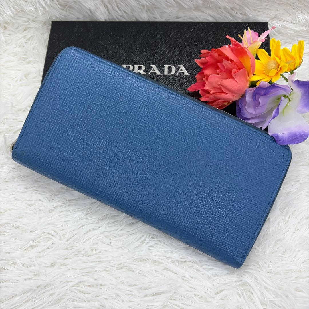美品✨プラダ 長財布 ラウンドジップ オーガナイザー サフィアーノ レザー 青
