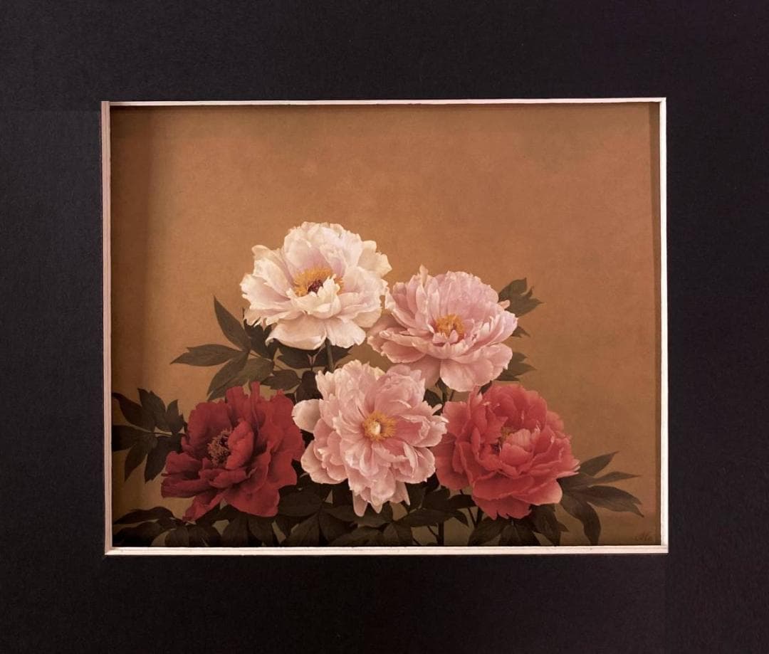 森本草介、【牡丹3】、希少な画集より、新品額装付、マット額装付き