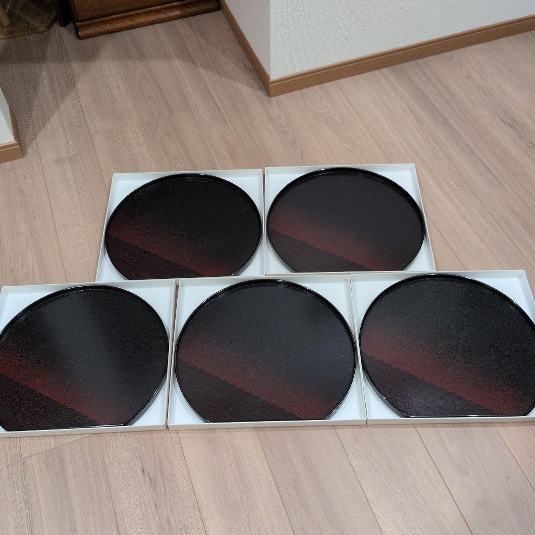 そら☆　　値下げ輪島塗塩安製半月膳 5枚セット 黒赤グラデーション