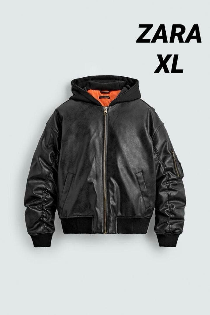 ZARA ザラ コントラストフード付きフェイクレザー ジャケット XL