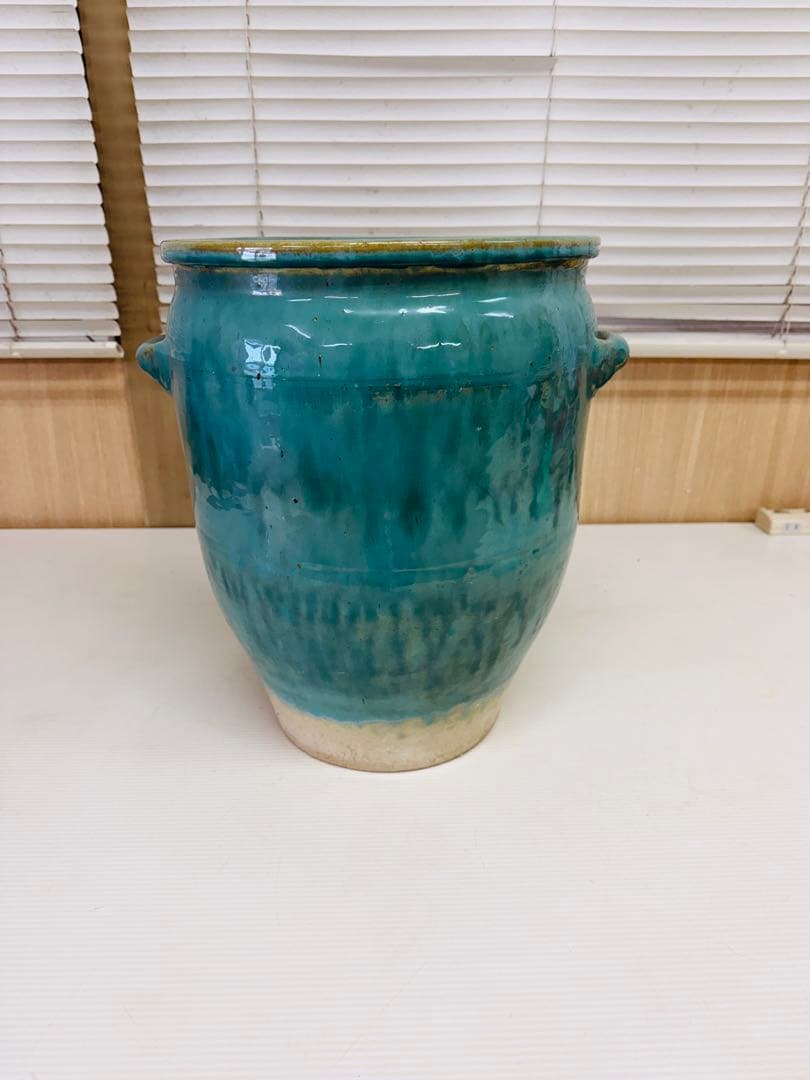 花瓶 一点もの 伝統工芸品 レトロ アンティーク 置物 鉢 緑釉 広口壺