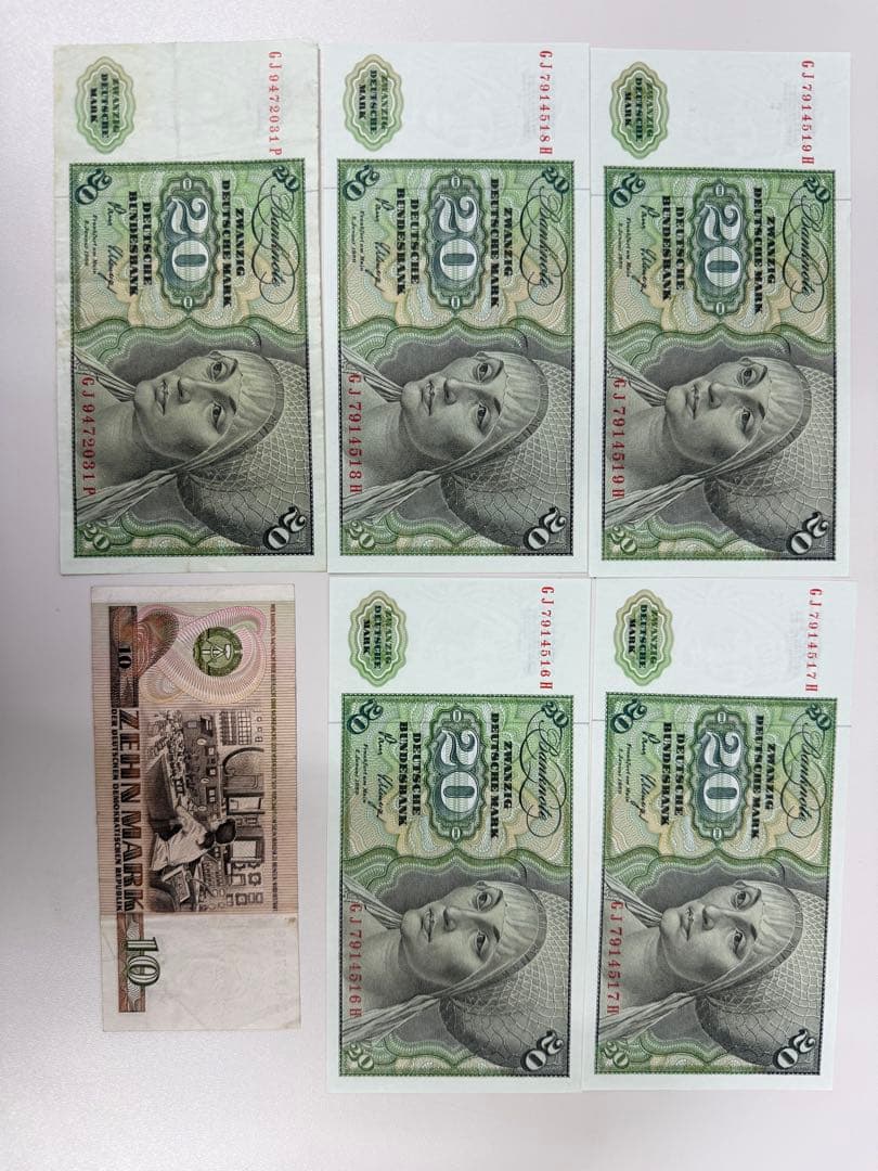 1980年　ドイツ 紙幣20マルク　5枚　1971年10マルク1枚 ドイツ 5マルク銀貨 アルブレヒト・デューラー生誕500周年 1971年