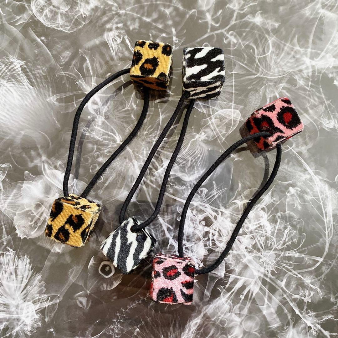 平成ギャル ギャル ヒョウ柄 ゼブラ柄 キューブ ヘアゴム 3つセット