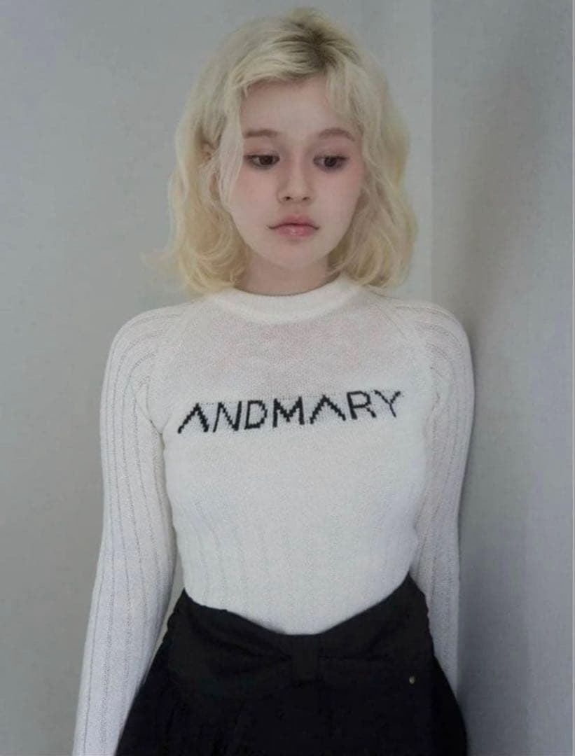 N*♡様 andmary Mary logo knit tops white ANDMARY】Mary logo knit tops