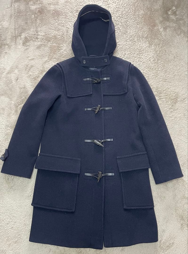 バーバリーロンドン ダッフルコート ヘリンボーン ロゴボタン ロング 紺 38