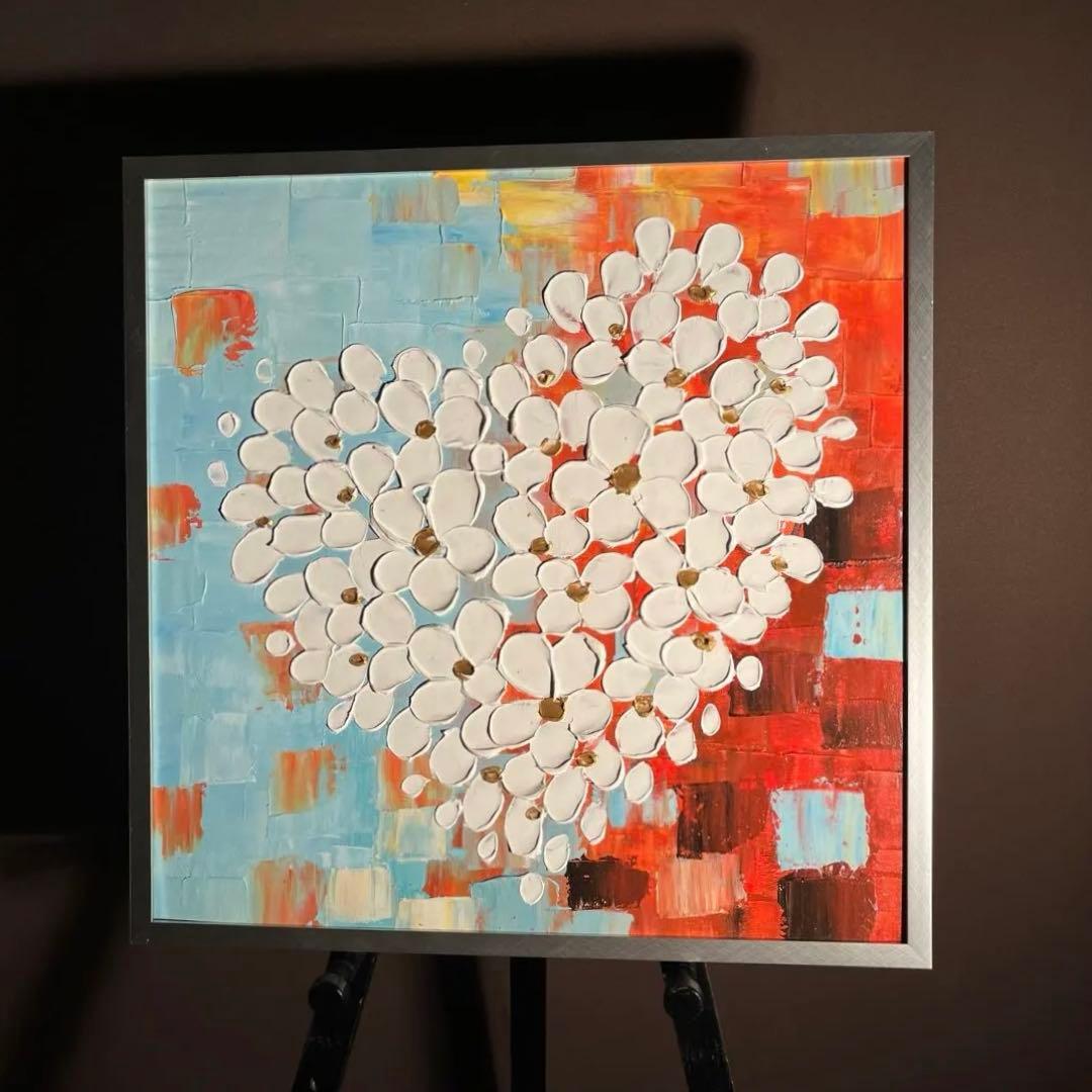 ★立体絵画★ 手書き油絵 ハートフラワー額付き 肉筆絵画 インテリア 油彩画 手書き油絵 花瓶のバラ イエロー 額付 肉筆絵画 インテリア 油彩画