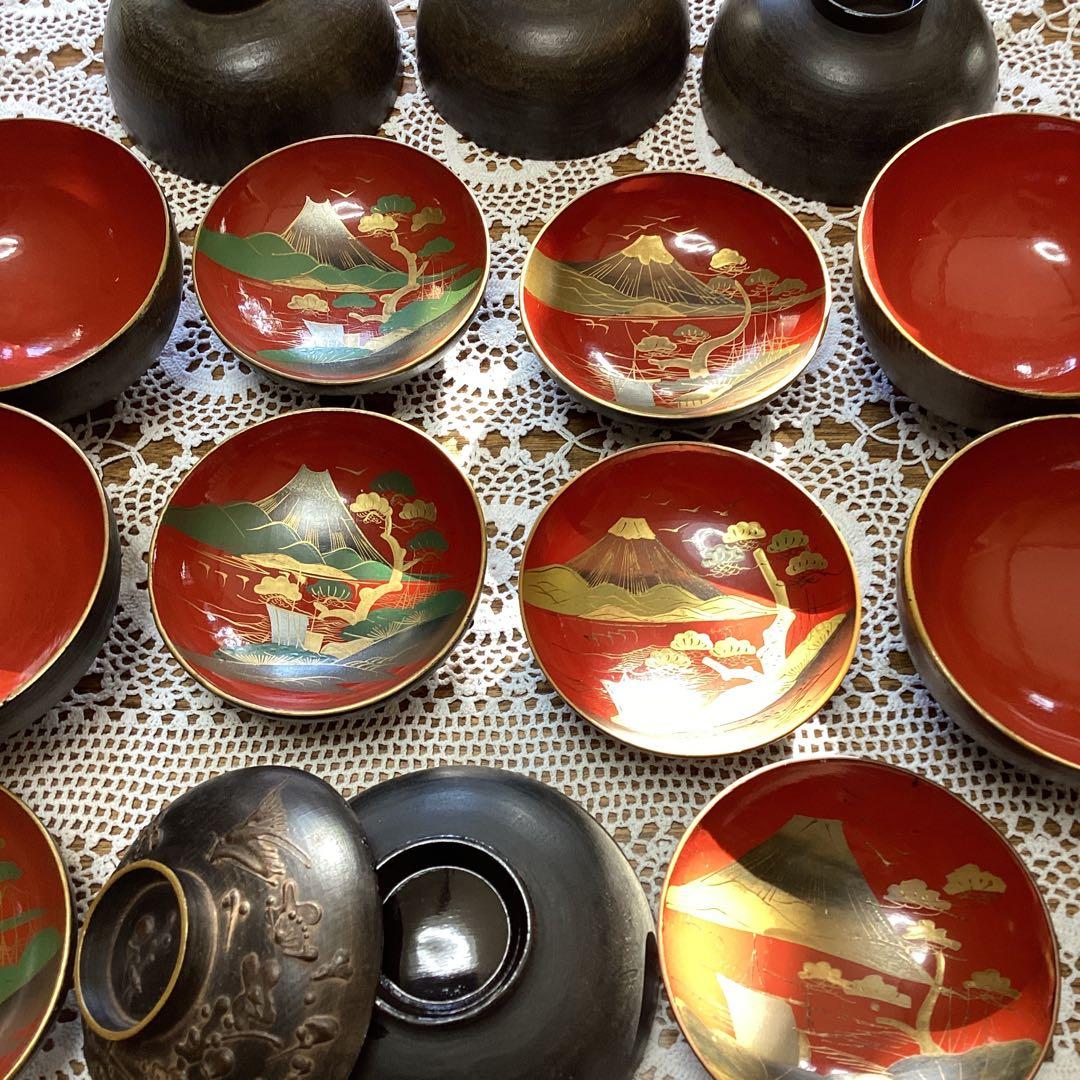 k2f1 銘々蓋吸物椀10客　漆器 富士山デザイン