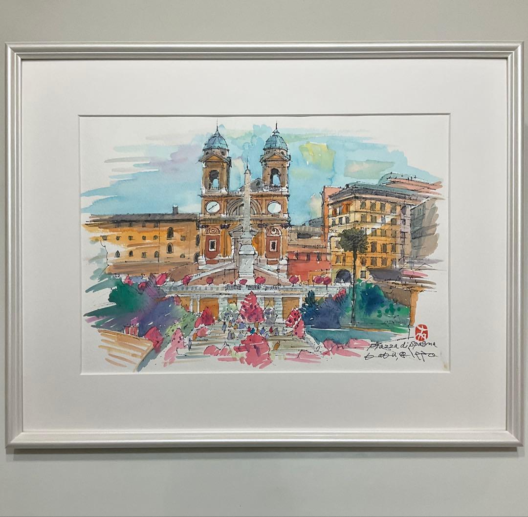 絵画・額縁・水彩画・鶴 十帆・スペイン広場(ローマ)・美術品・インテリア・雑貨