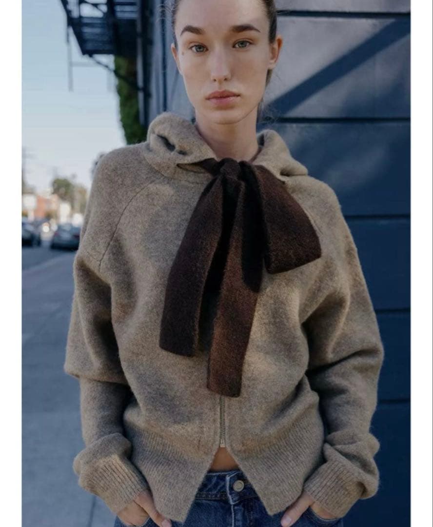 ZARA コントラストドローストリングフーディ L