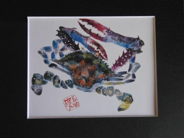 片岡鶴太郎、【渡りがに】、希少な額装用画集より、美品、日本人画家