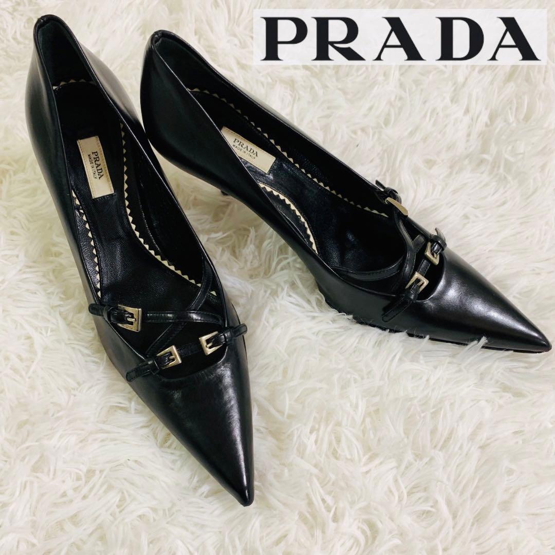 PRADA プラダ　パンプス　ヒール　ベルト　黒　ブラック　22〜22.5cm