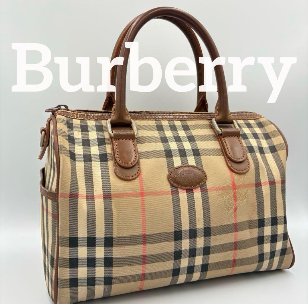 レア◇BURBERRY ミニボストンバッグ ノバチェック ホースロゴ レザー