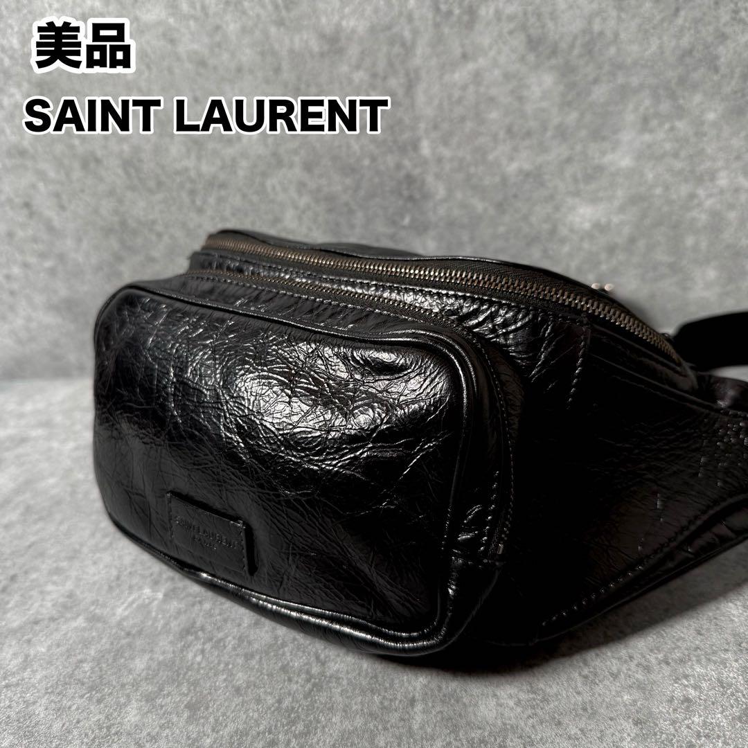 美品 サンローラン ロゴ エンボス レザー メンズ ウエスト ボディバッグ 黒 美品 サンローラン ロゴ エンボス レザー メンズ ウエスト ボディ