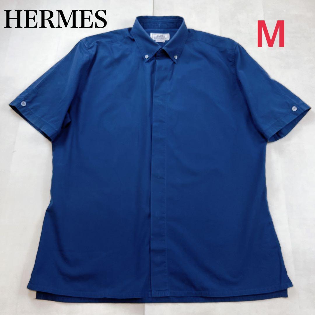 HERMES コットンシャツ 15 3/4 首回り40 ネイビー ボタンダウン