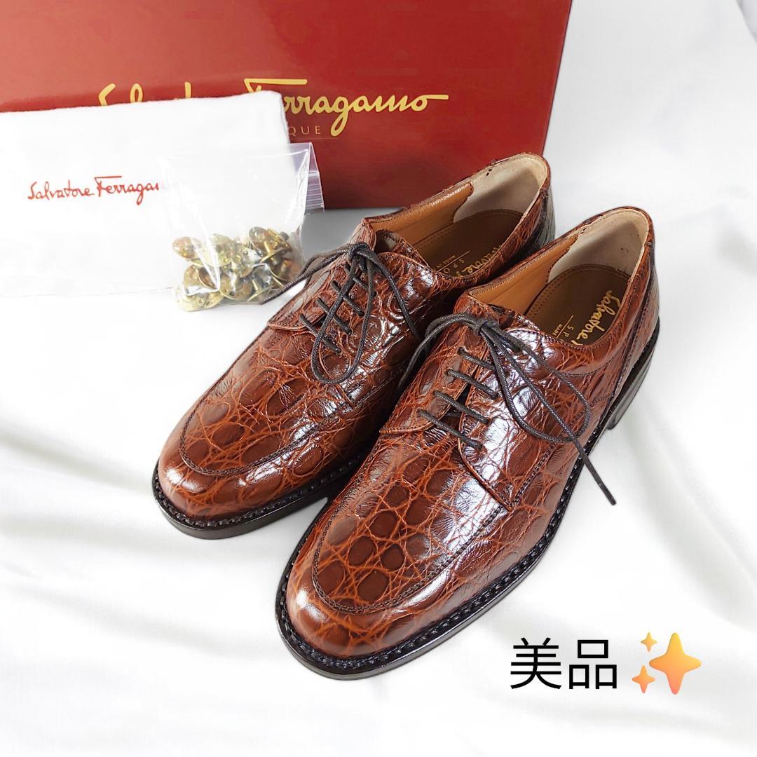 美品|フェラガモ|ゴルフシューズ|クロコダイル型押し|茶|5C|22cm