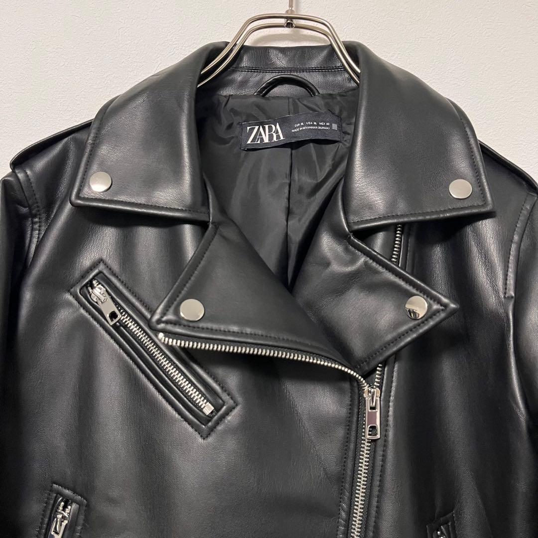 ZARA ブラック フェイクレザーライダースジャケット XL - メルカリ