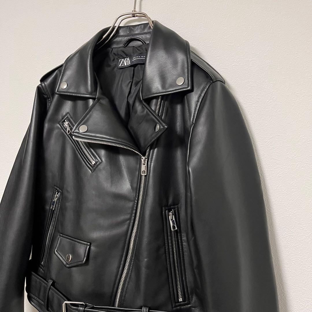 ZARA ブラック フェイクレザーライダースジャケット XL - メルカリ