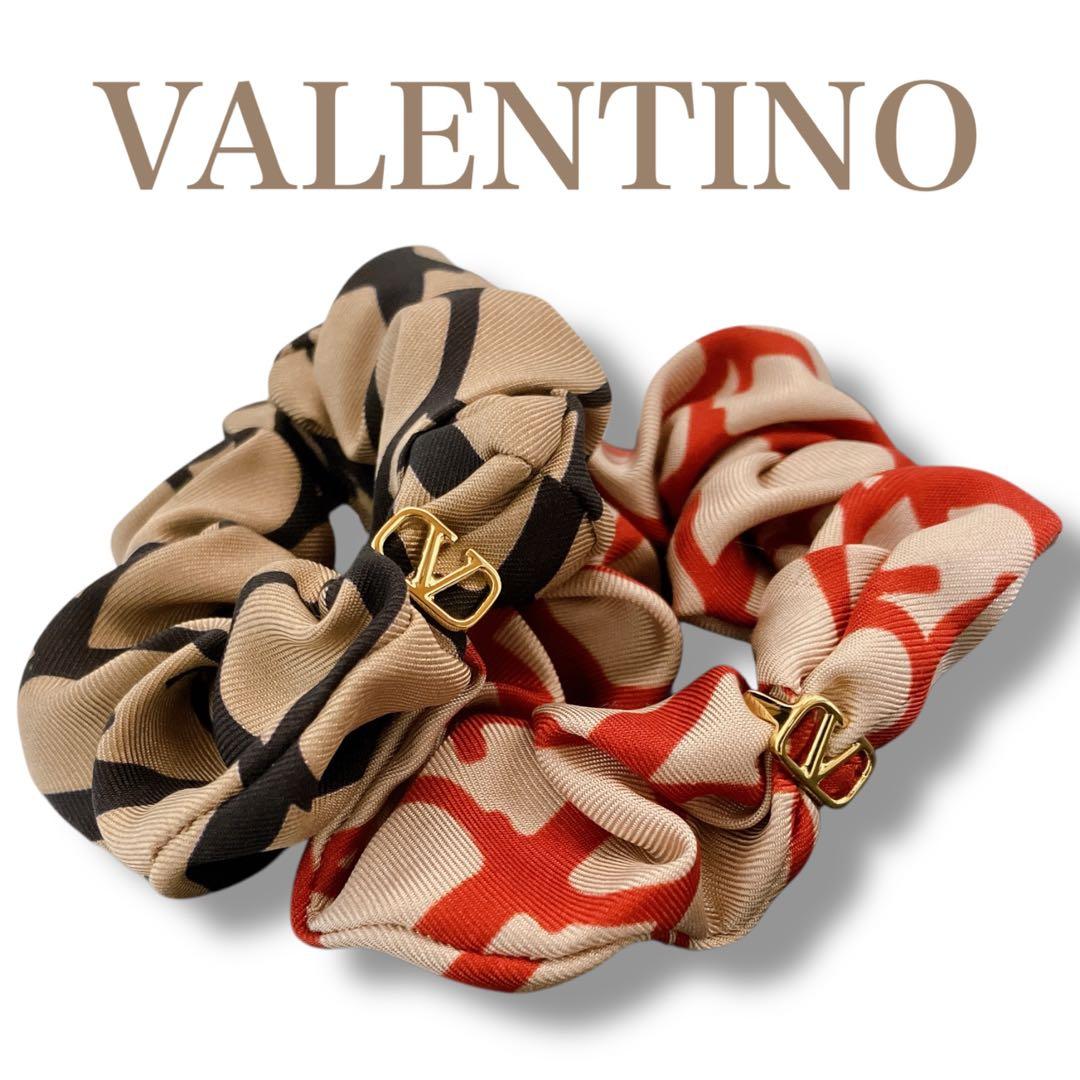 VALENTINO 良品 ゴールドV金具 ストライプ サテンシュシュ 2点セット