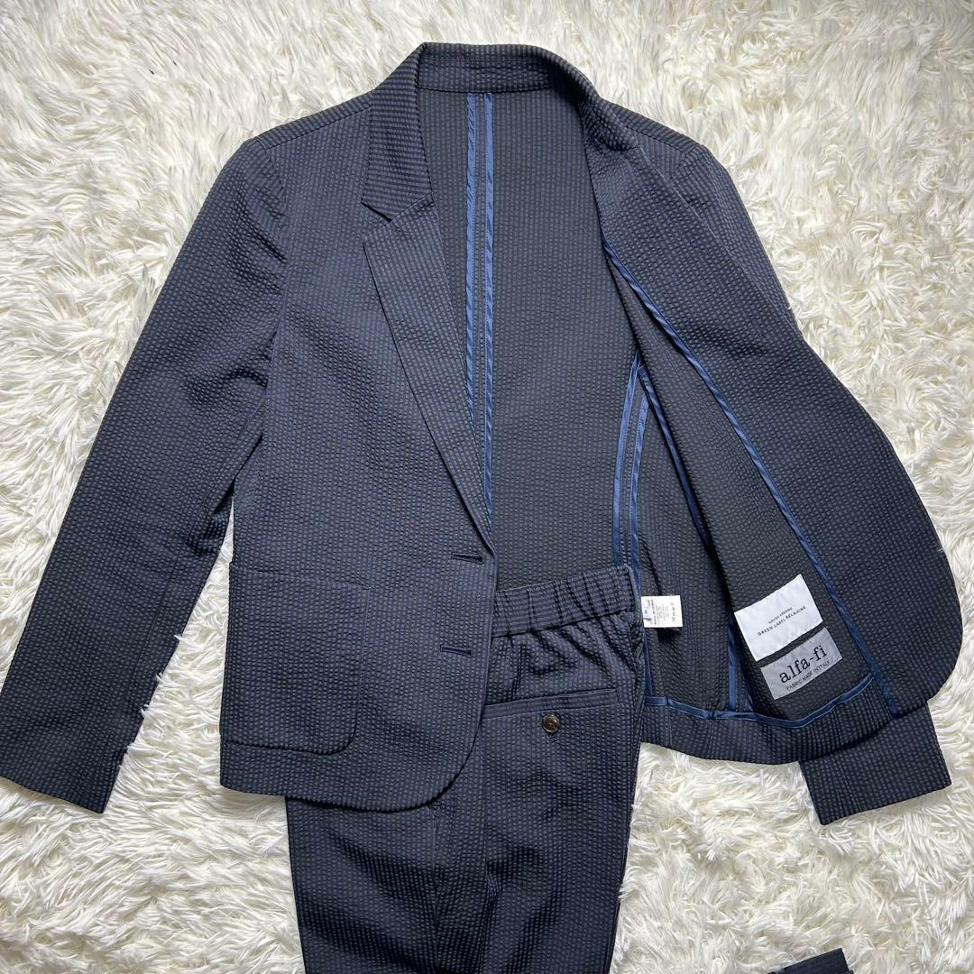 グリーンレーベルリラクシング シアサッカー パンツスーツ セットアップ ネイビー