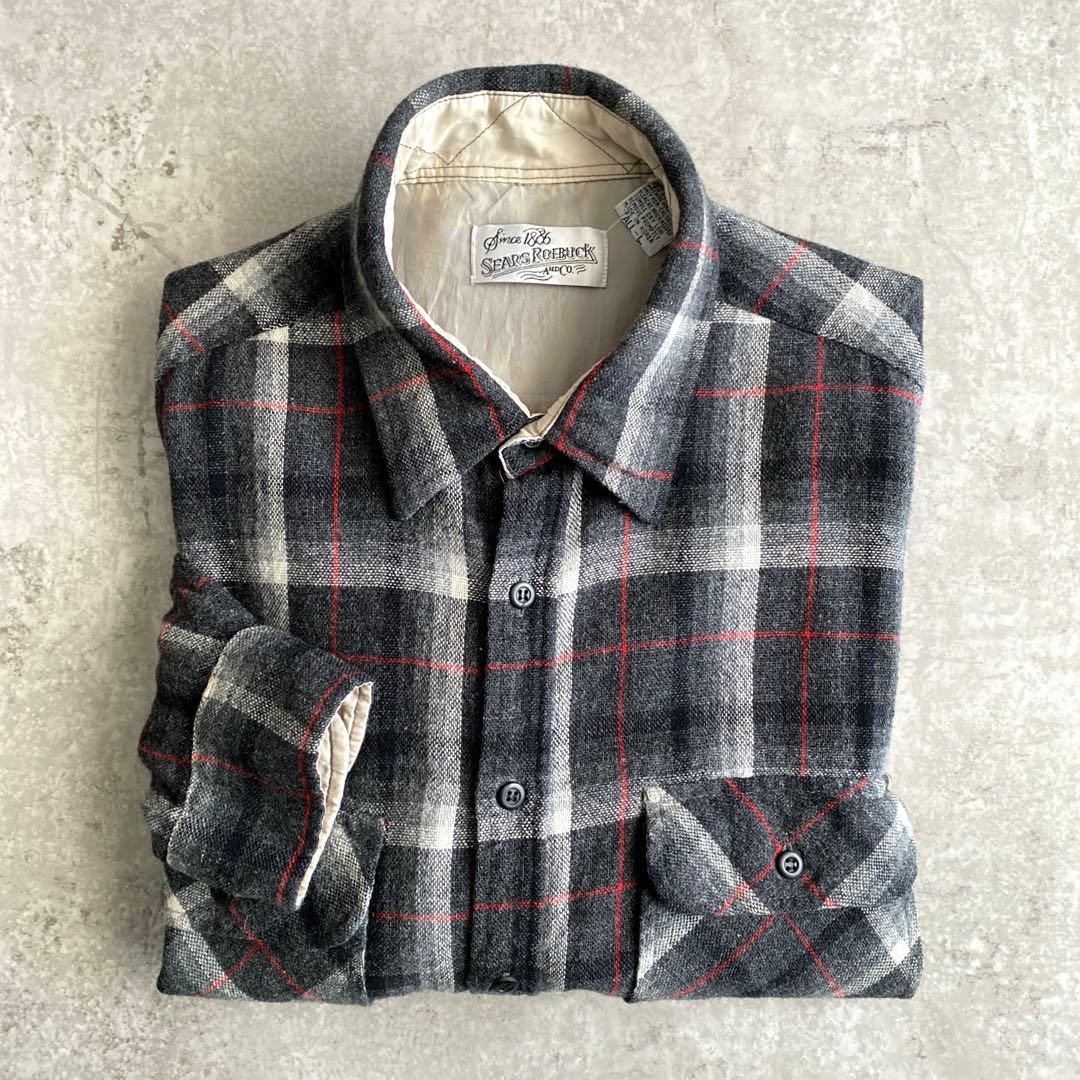 配色極上 80s シアーズ ウール オンブレ シャツ 灰 黒 白 赤 L
