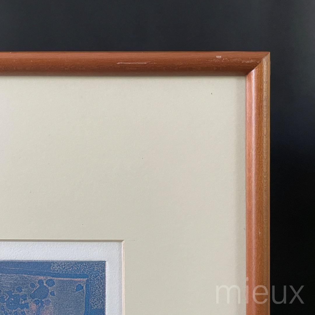 ガラス内側清掃済：広田釗子「花（青×銀）」EA版 エッチング 額付