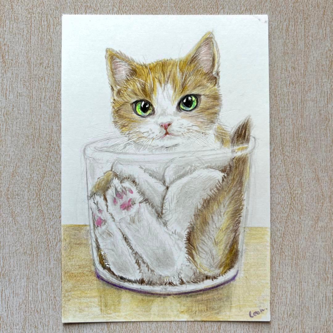 猫 絵画 子猫 イラスト 水彩色鉛筆 油彩色鉛筆 原画 手書き 液体猫