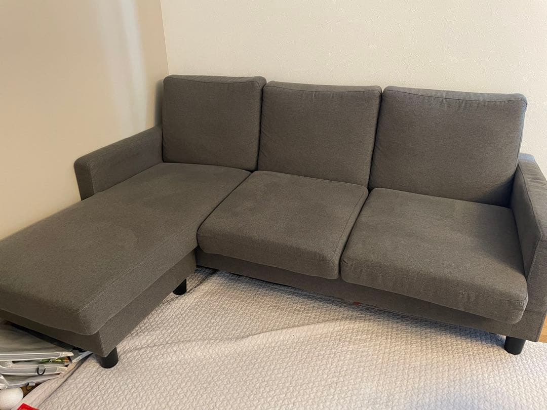 【引き取り限定】グレーのL字型ファブリックソファ