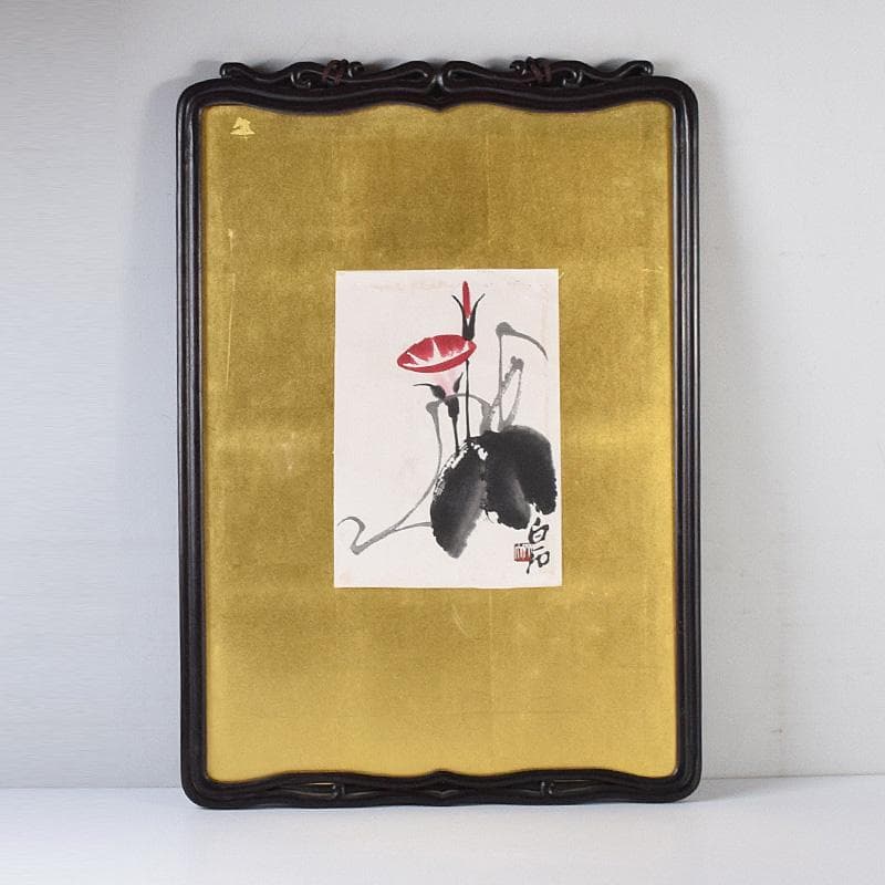 中国　斉白石　水墨画　朝顔図　工芸印刷　時代唐木雲板額　N　7623A