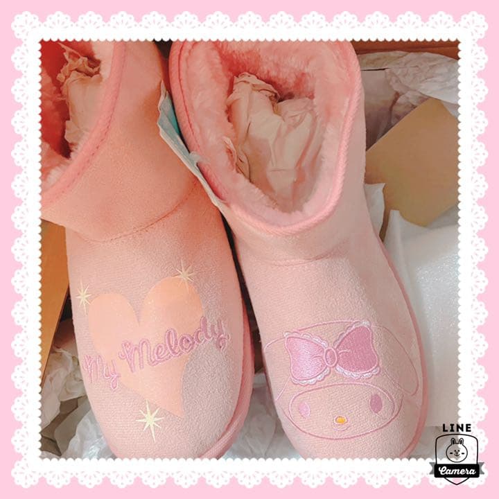 マイメロ フェイス リボン ぬいぐるみ ムートン ブーツ ピンク リズリサ