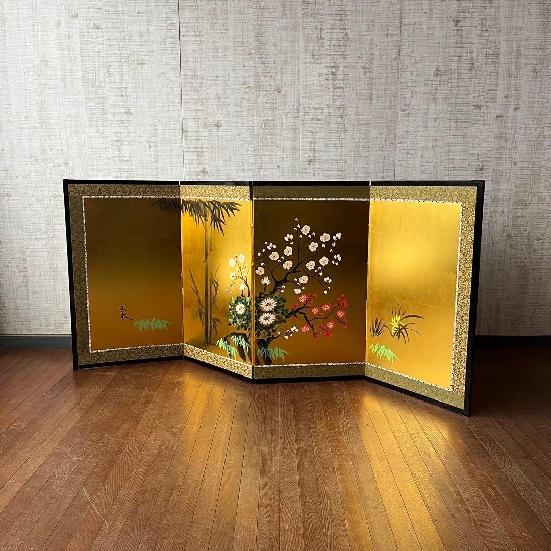 【アンティーク】御肉筆屏風 四曲一双 日本画 金屏風 玉泉銘 古道具 蔵出し